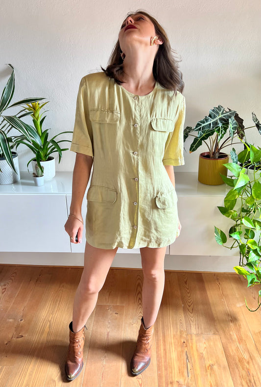 1970's vintage oversize khaki safari linen mini dress