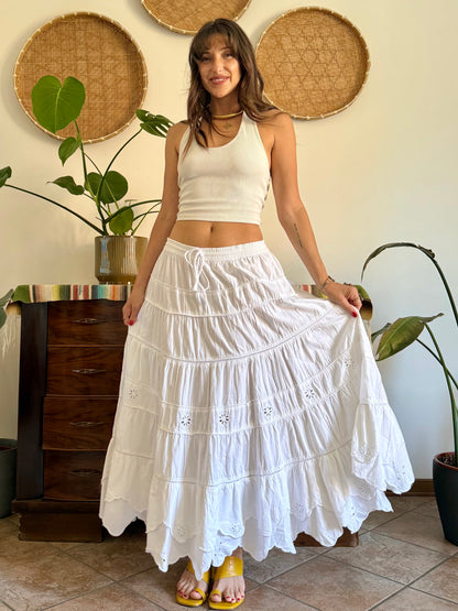 1970's vintage wite floral embroidered prairie maxi skirt