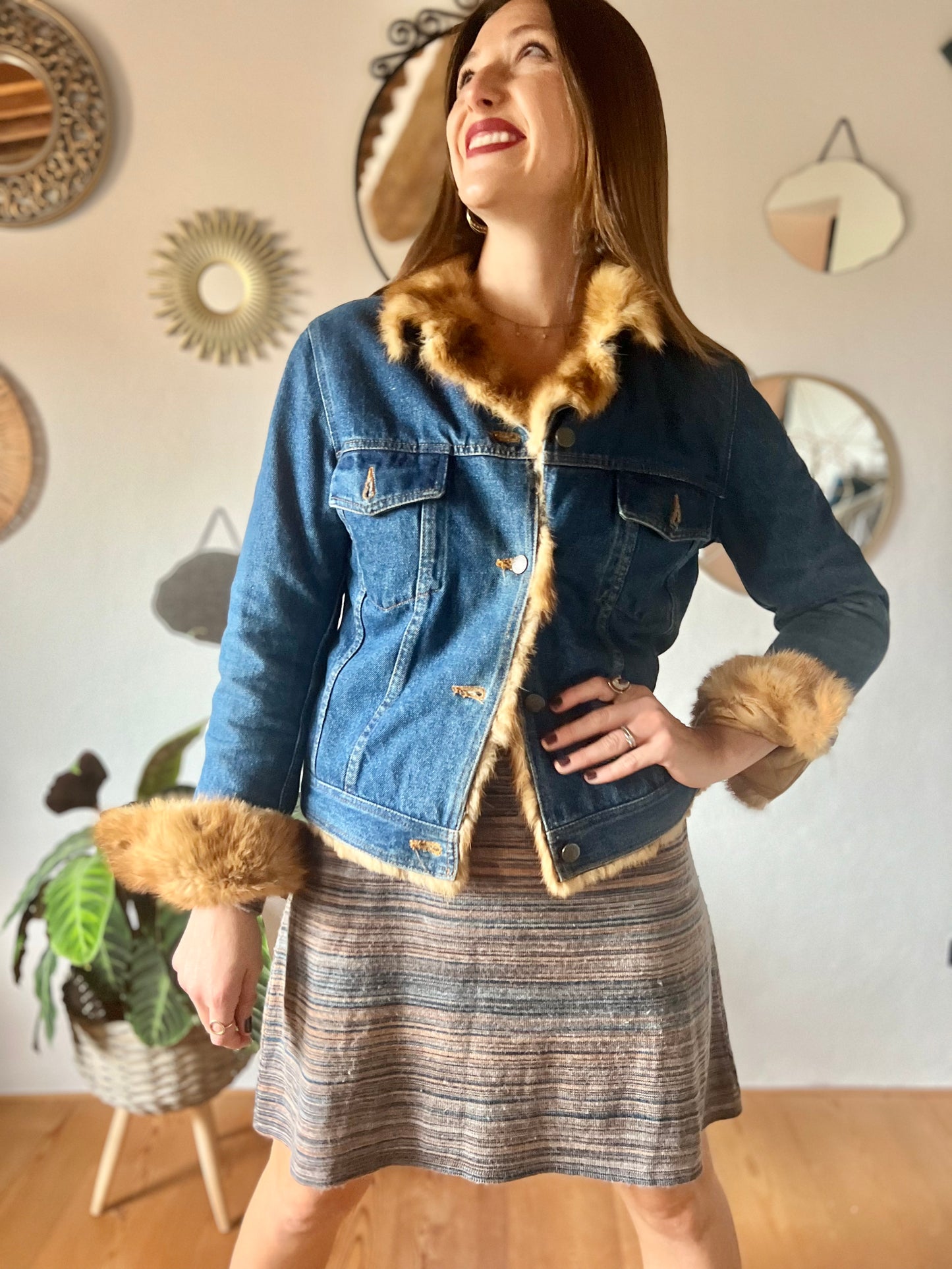 1970's vintage denim jacket with real fur collar and trimming.