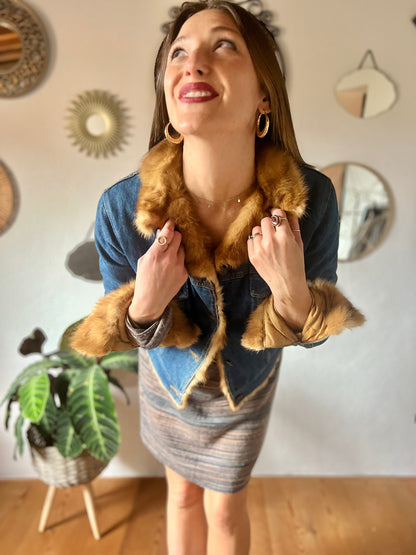 1970's vintage denim jacket with real fur collar and trimming.