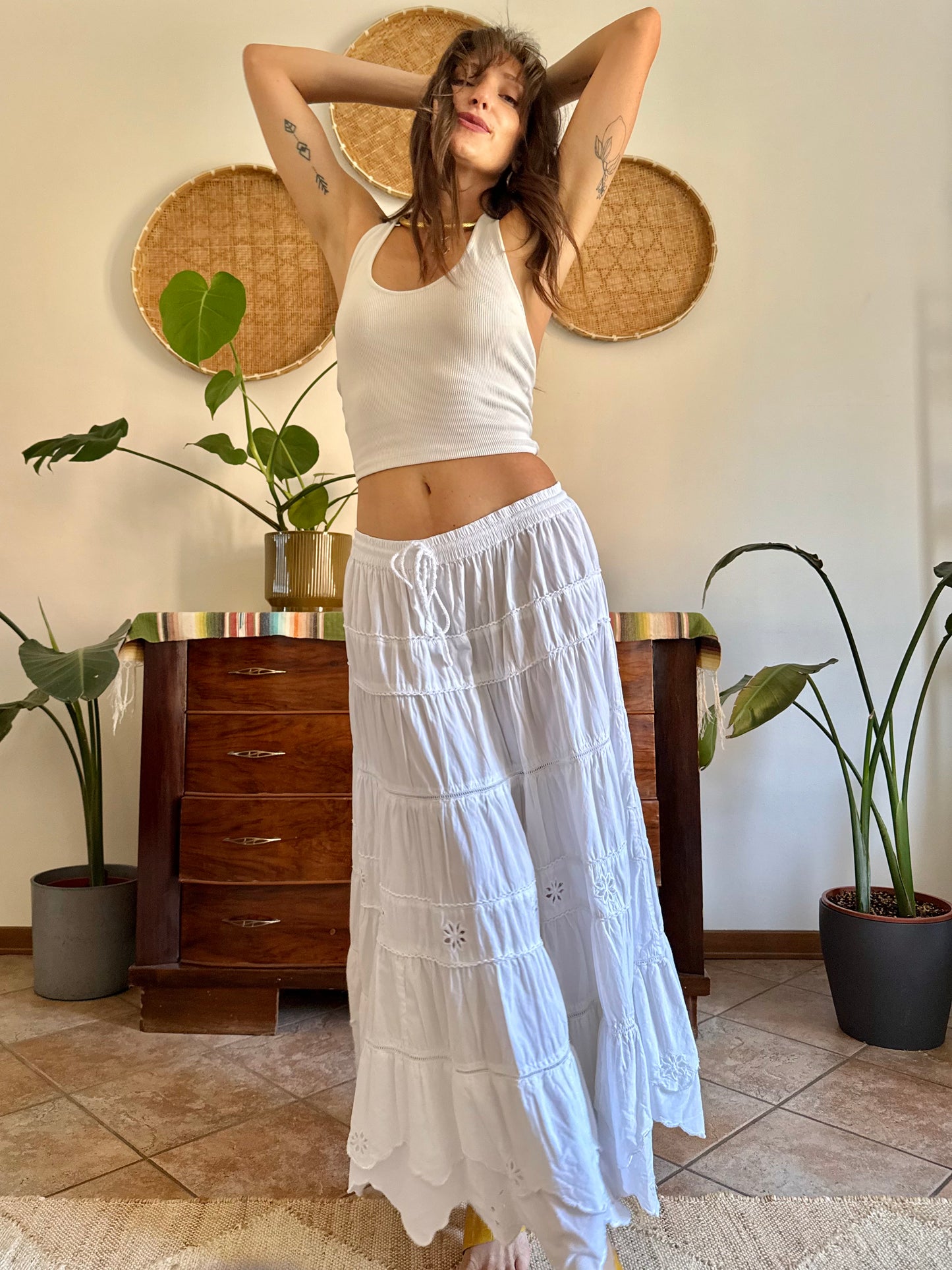 1970's vintage wite floral embroidered prairie maxi skirt