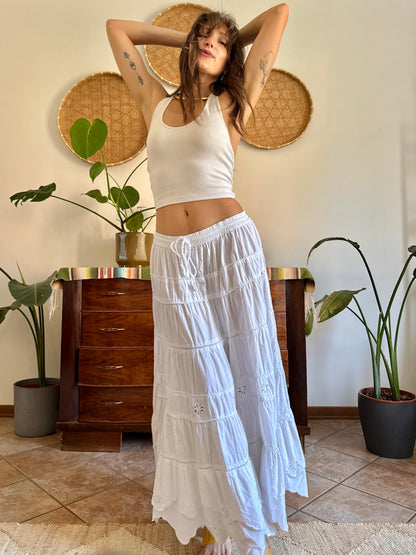 1970's vintage wite floral embroidered prairie maxi skirt
