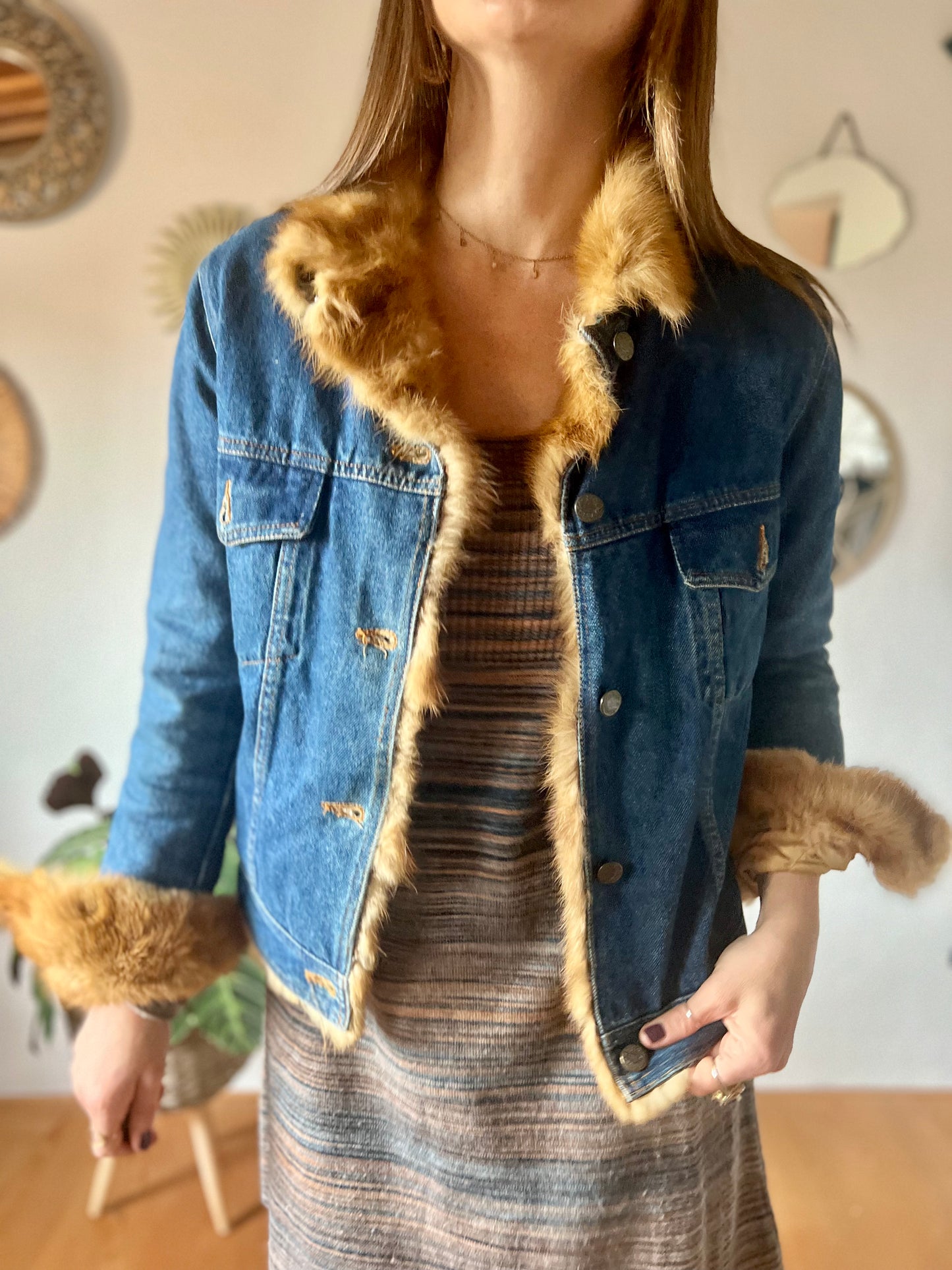 1970's vintage denim jacket with real fur collar and trimming.