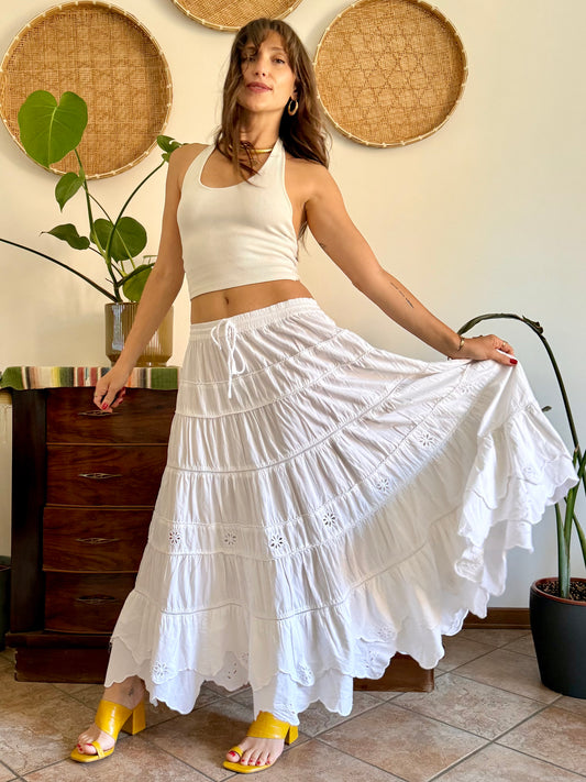 1970's vintage wite floral embroidered prairie maxi skirt