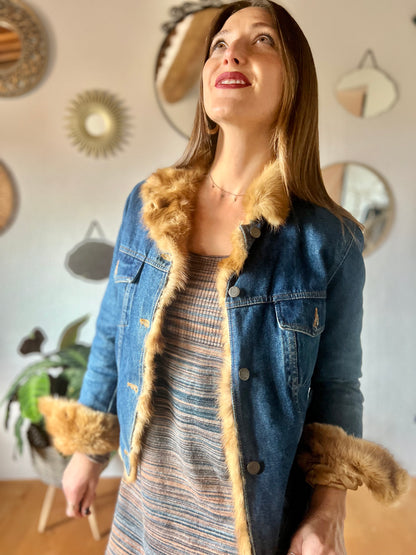 1970's vintage denim jacket with real fur collar and trimming.