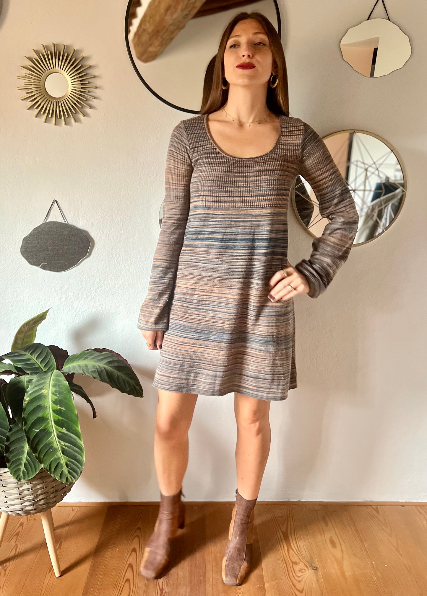 1990's vintage blue and brown knit midi dress