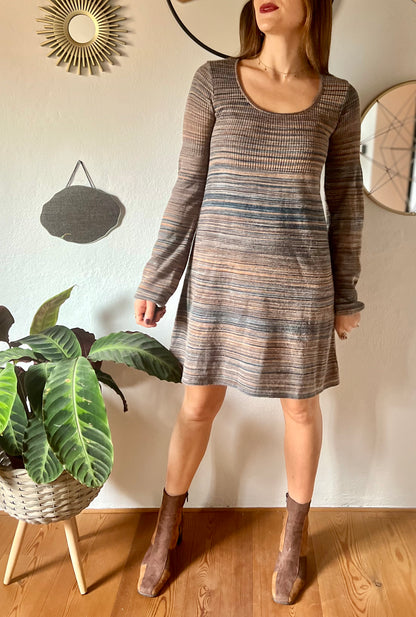 1990's vintage blue and brown knit midi dress