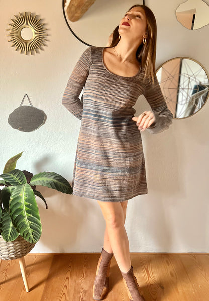 1990's vintage blue and brown knit midi dress