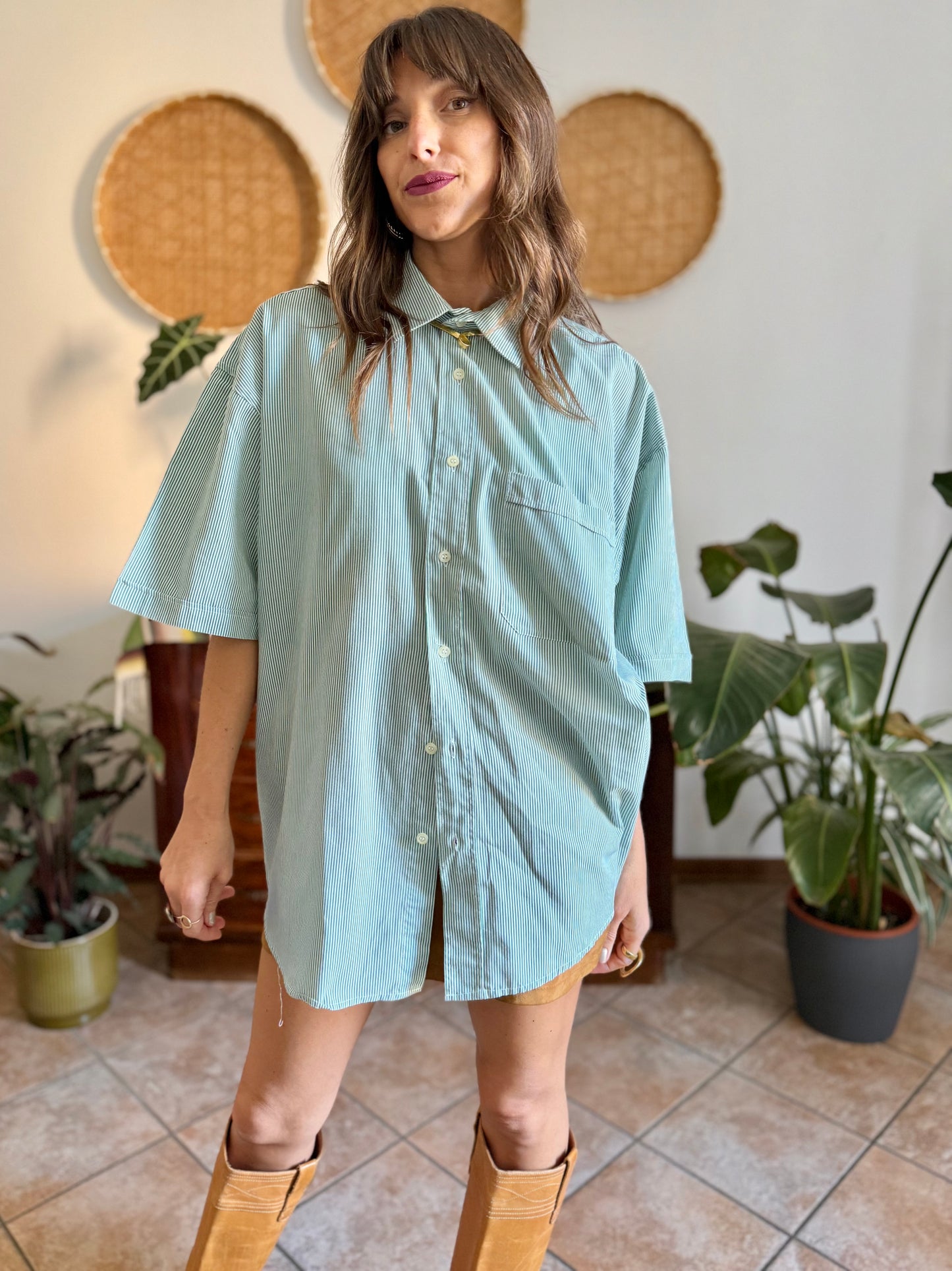 1970's vintage green and white vertical stripe short sleeve shirt
