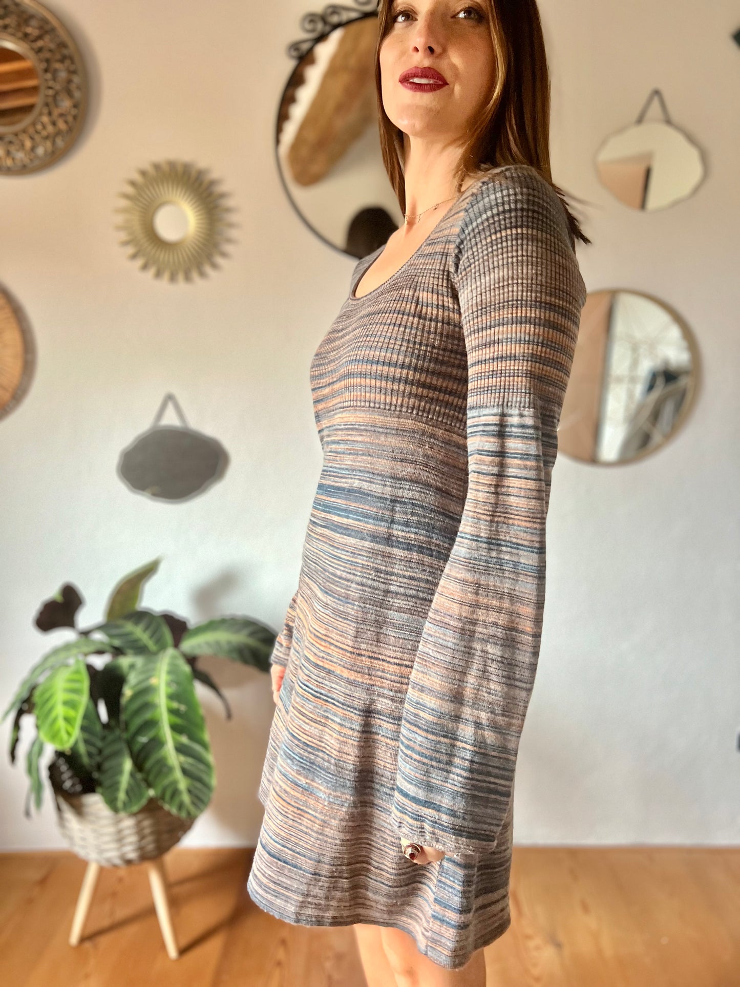 1990's vintage blue and brown knit midi dress