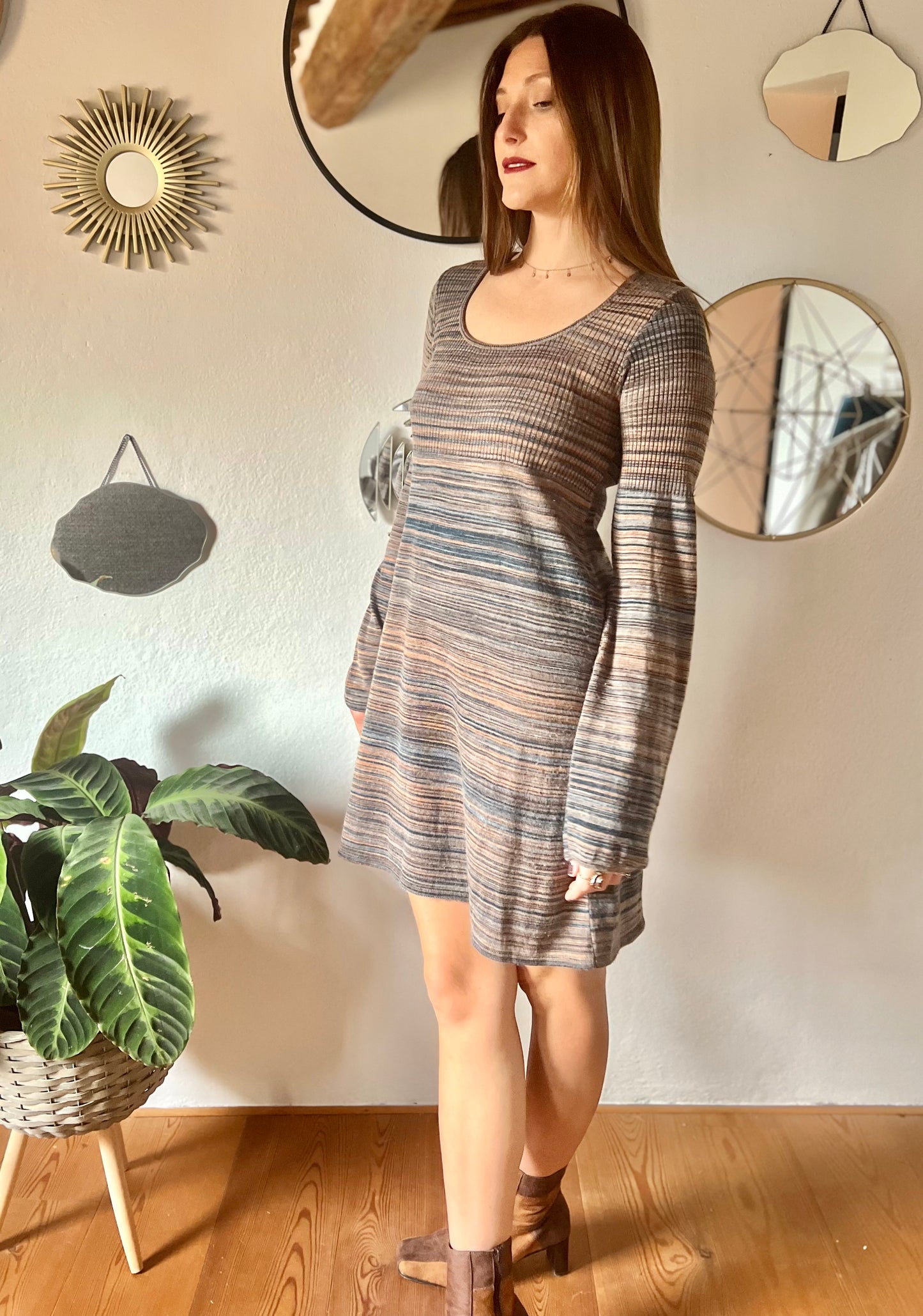 1990's vintage blue and brown knit midi dress