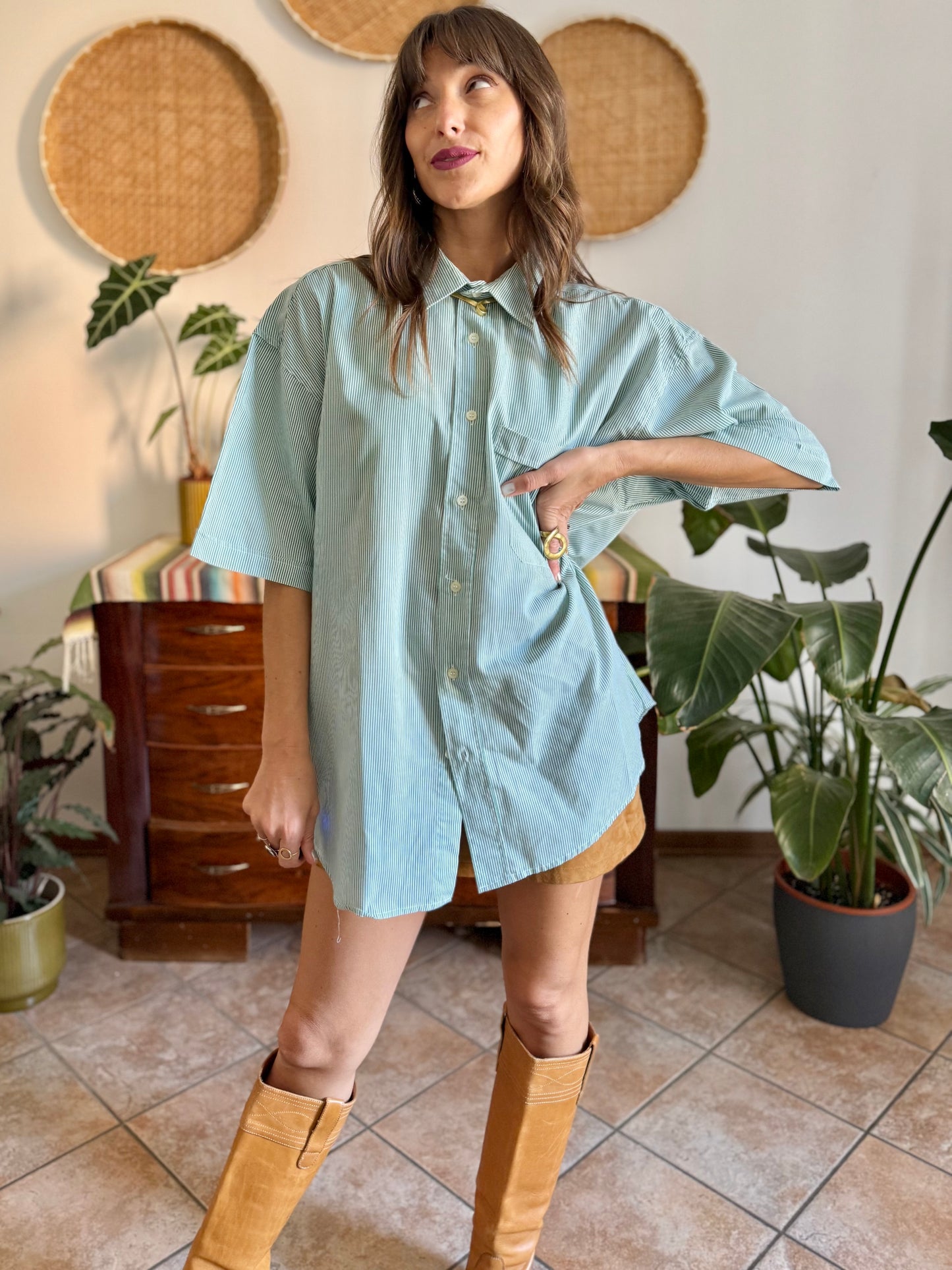 1970's vintage green and white vertical stripe short sleeve shirt