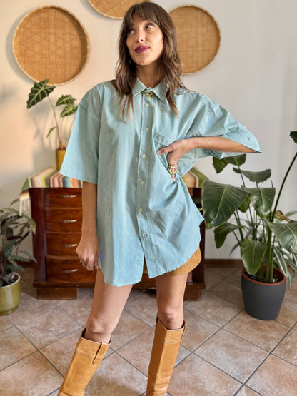 1970's vintage green and white vertical stripe short sleeve shirt