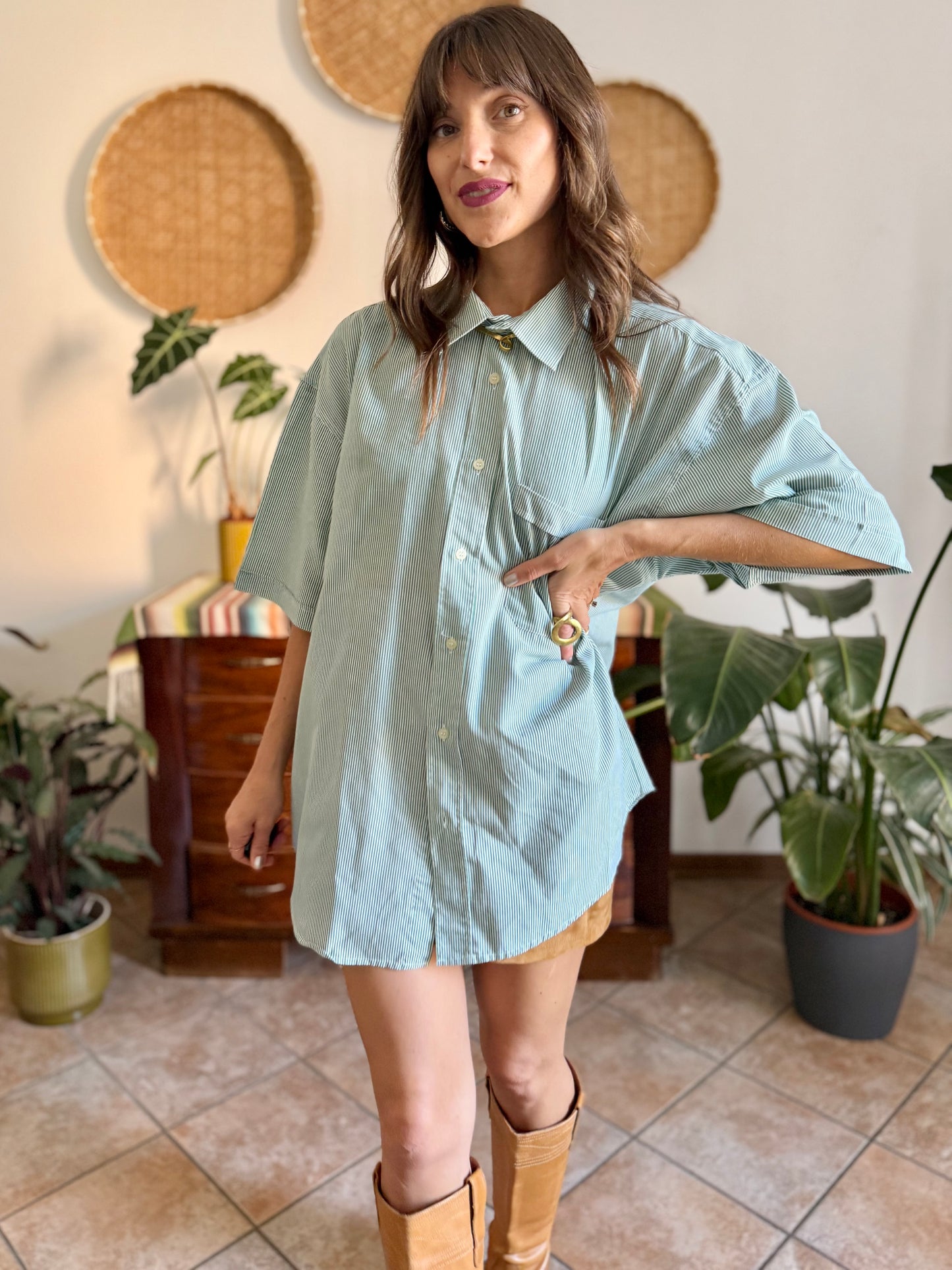 1970's vintage green and white vertical stripe short sleeve shirt
