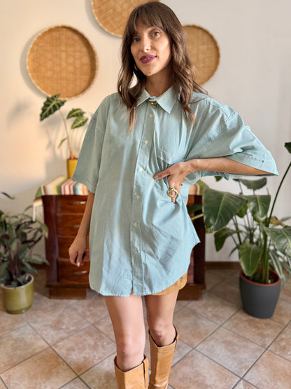 1970's vintage green and white vertical stripe short sleeve shirt