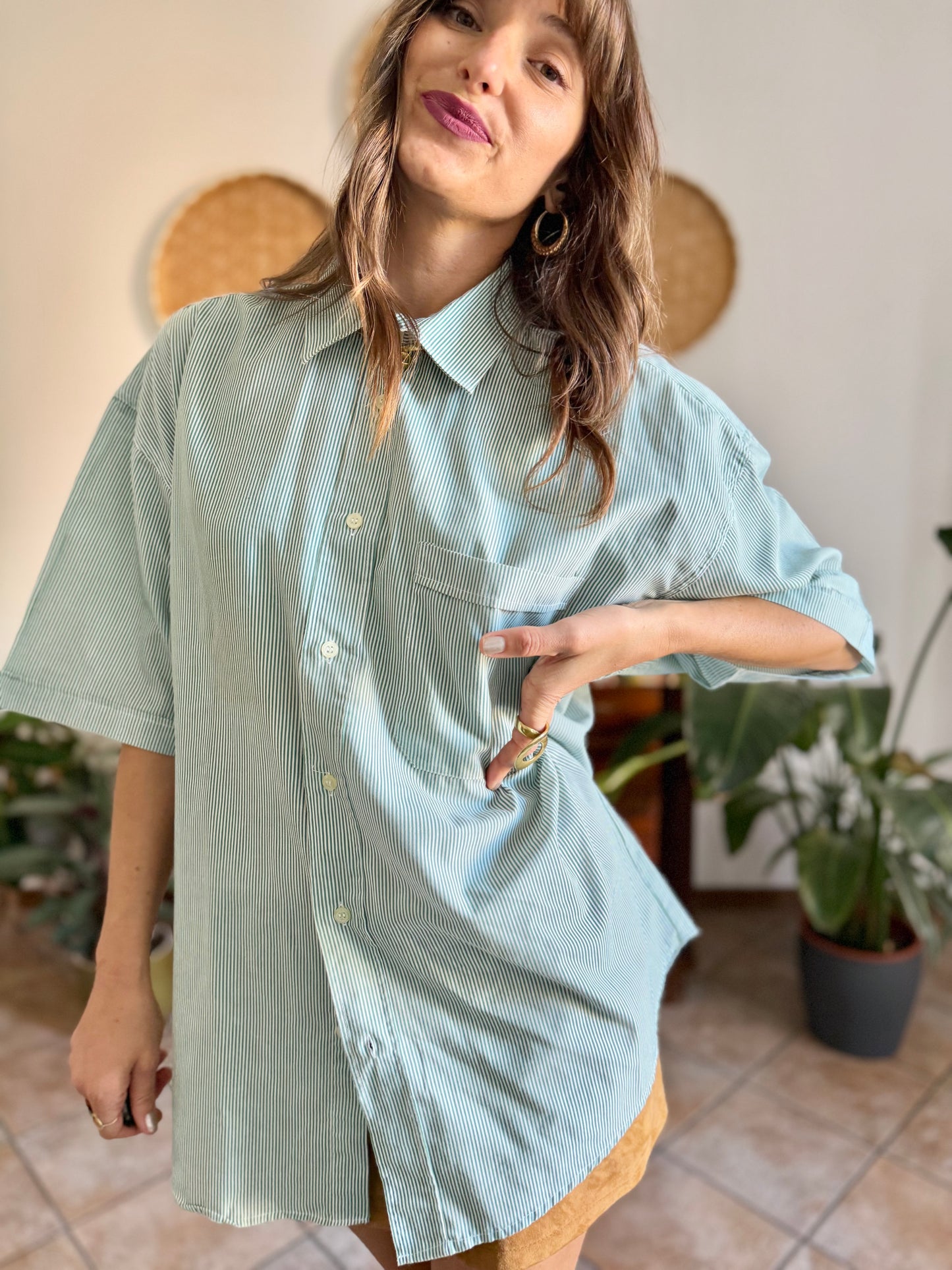 1970's vintage green and white vertical stripe short sleeve shirt