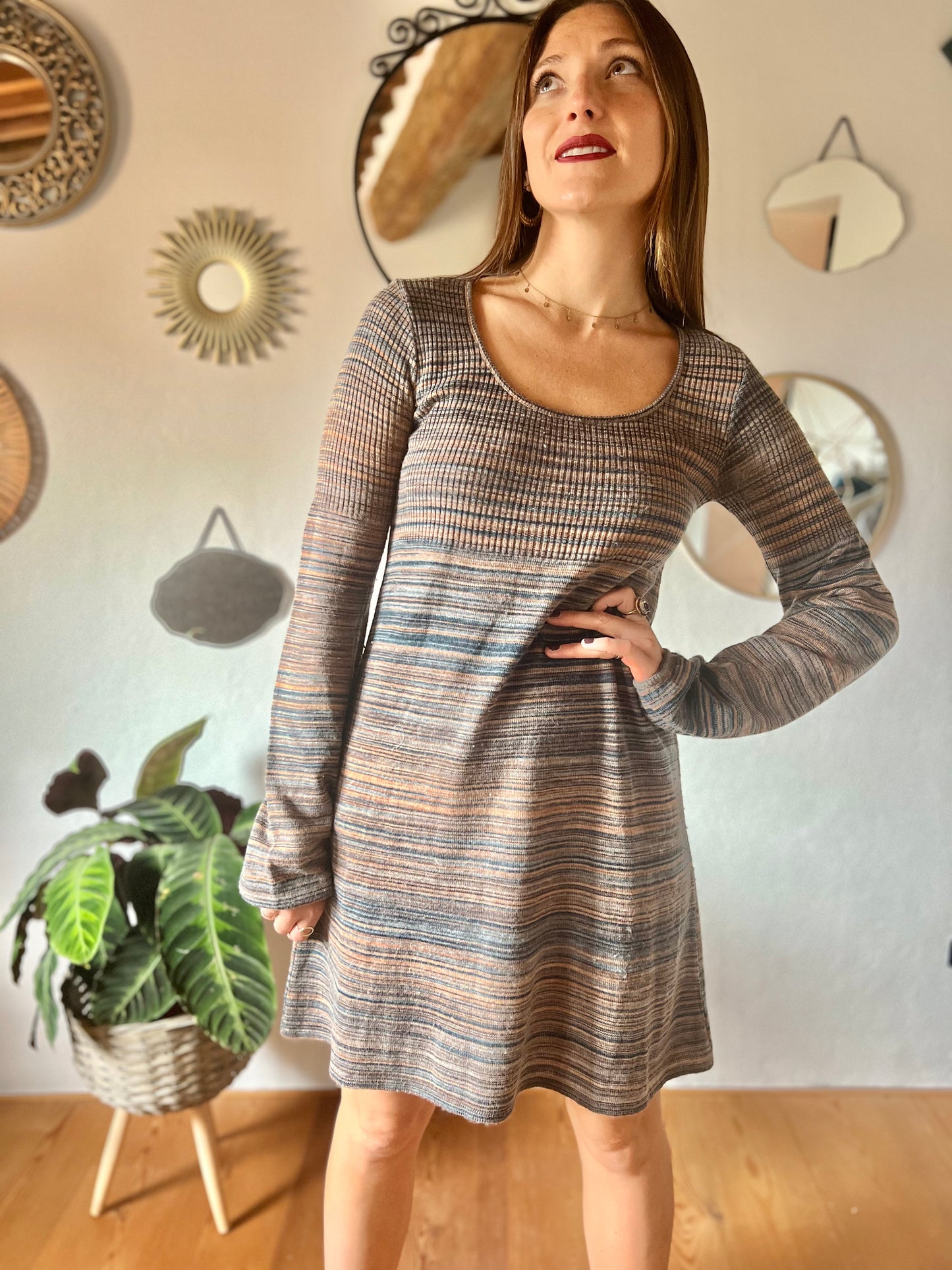 1990's vintage blue and brown knit midi dress