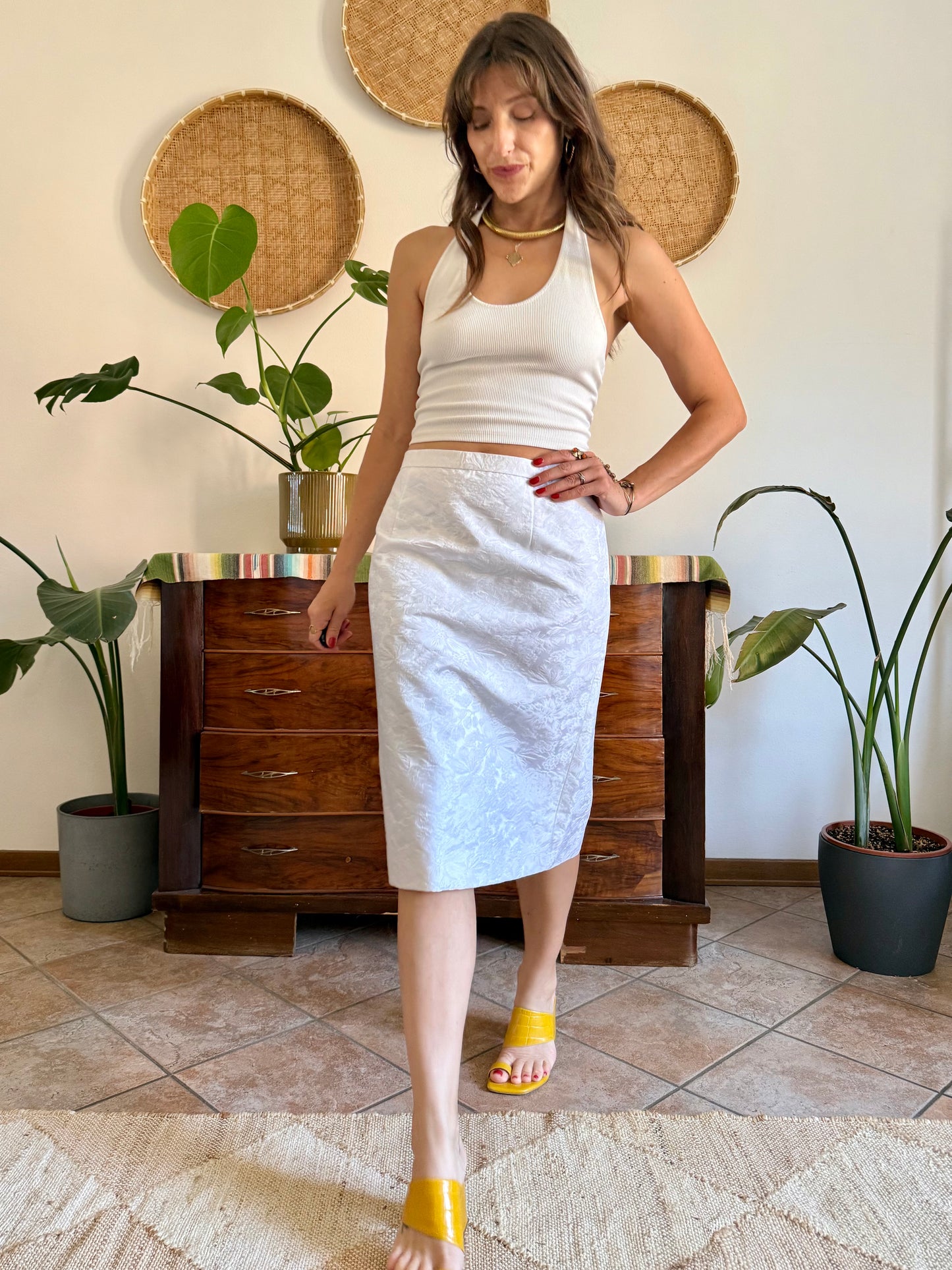 1960's vintage white floral brocade skirt and top set