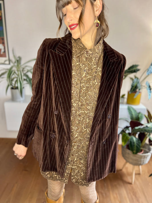 1970's vintage chocolate brown pinstripe velvet oversize blazer