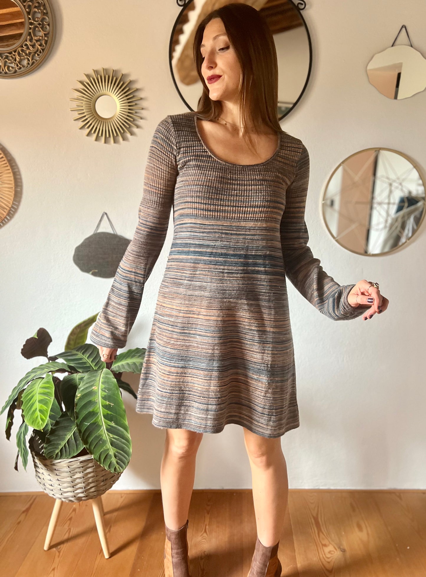 1990's vintage blue and brown knit midi dress