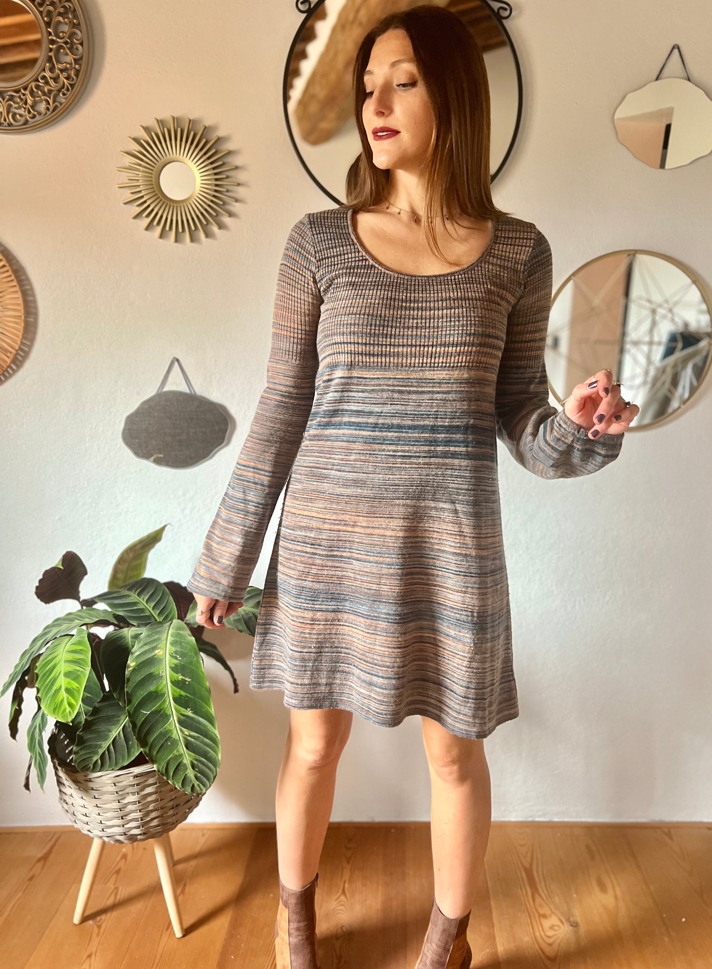 1990's vintage blue and brown knit midi dress