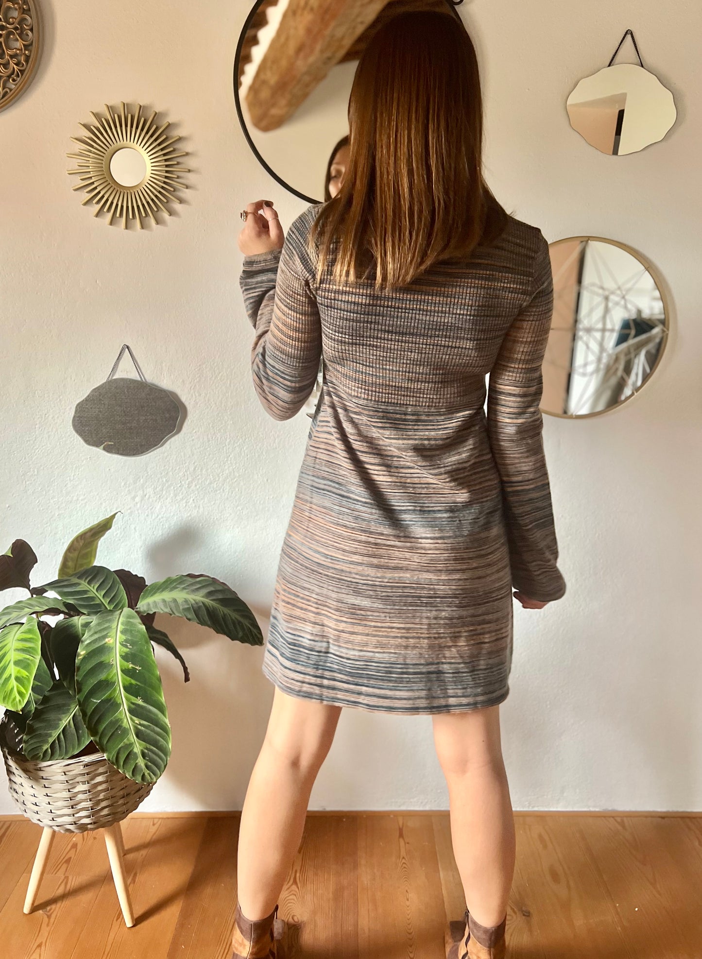 1990's vintage blue and brown knit midi dress