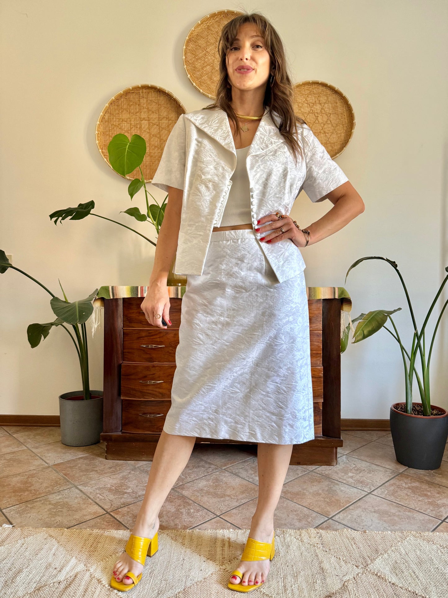1960's vintage white floral brocade skirt and top set