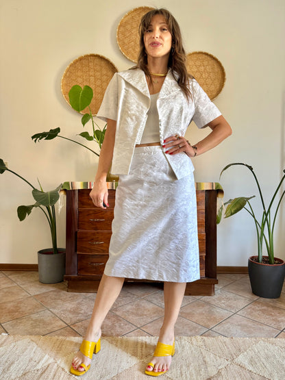 1960's vintage white floral brocade skirt and top set