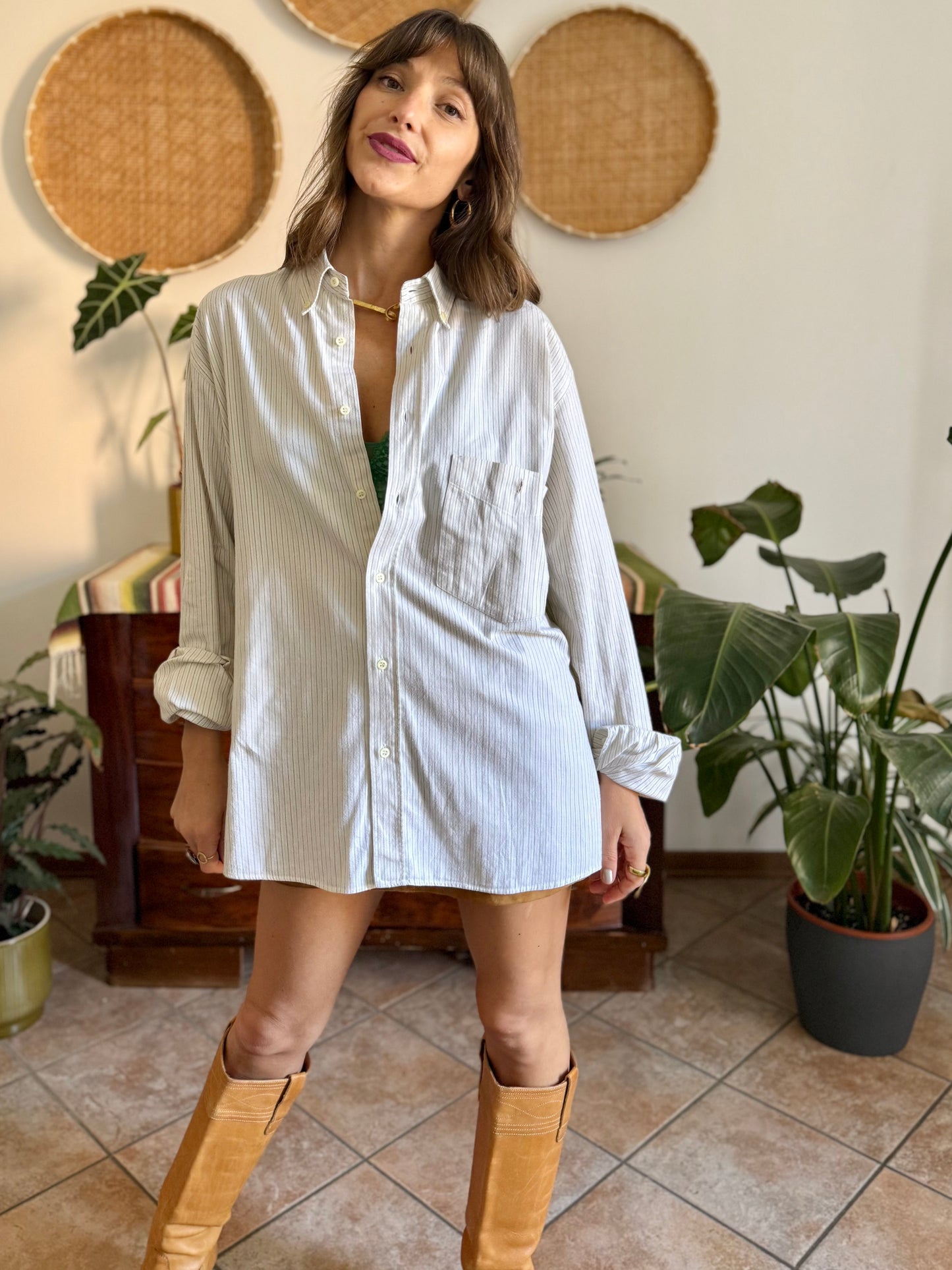 1990's vintage oversize cream shirt with mint and olive green vertical pinstripes