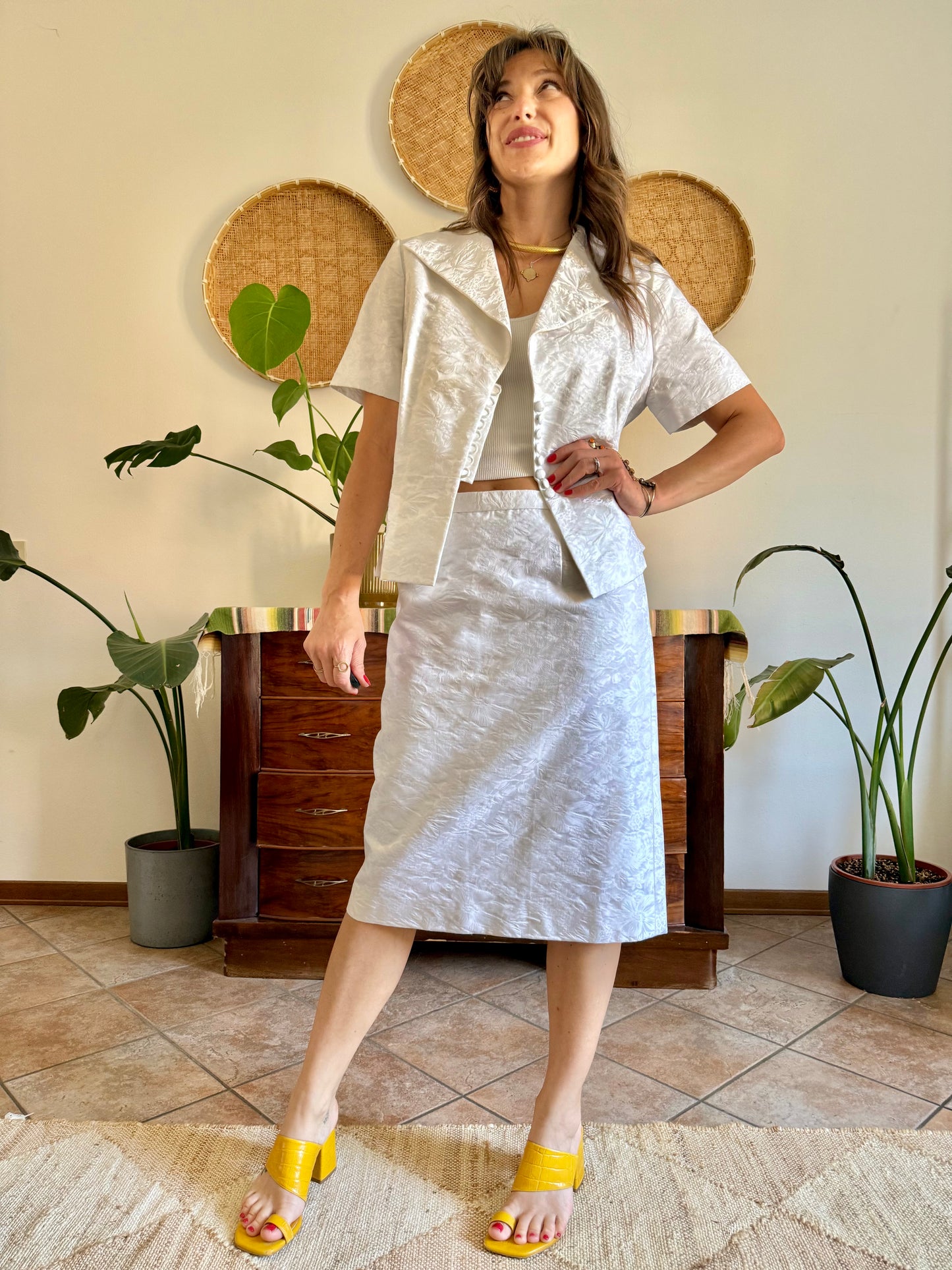 1960's vintage white floral brocade skirt and top set
