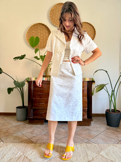 1960's vintage white floral brocade skirt and top set
