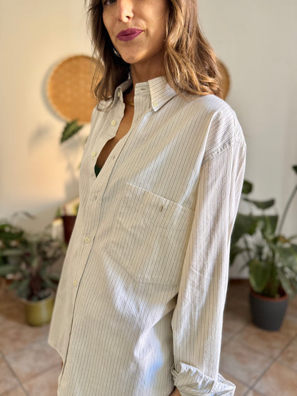 1990's vintage oversize cream shirt with mint and olive green vertical pinstripes