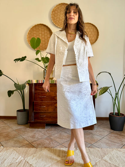 1960's vintage white floral brocade skirt and top set