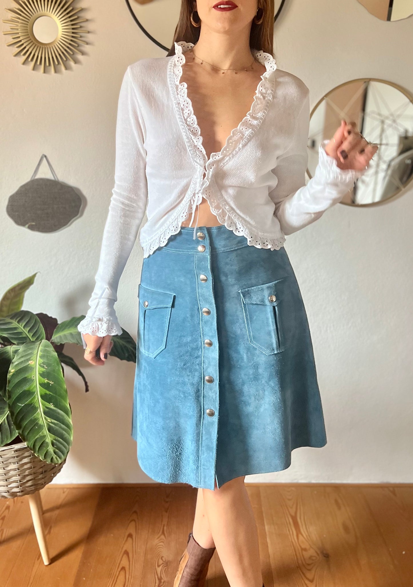 1970's vintage blue suede midi skirt