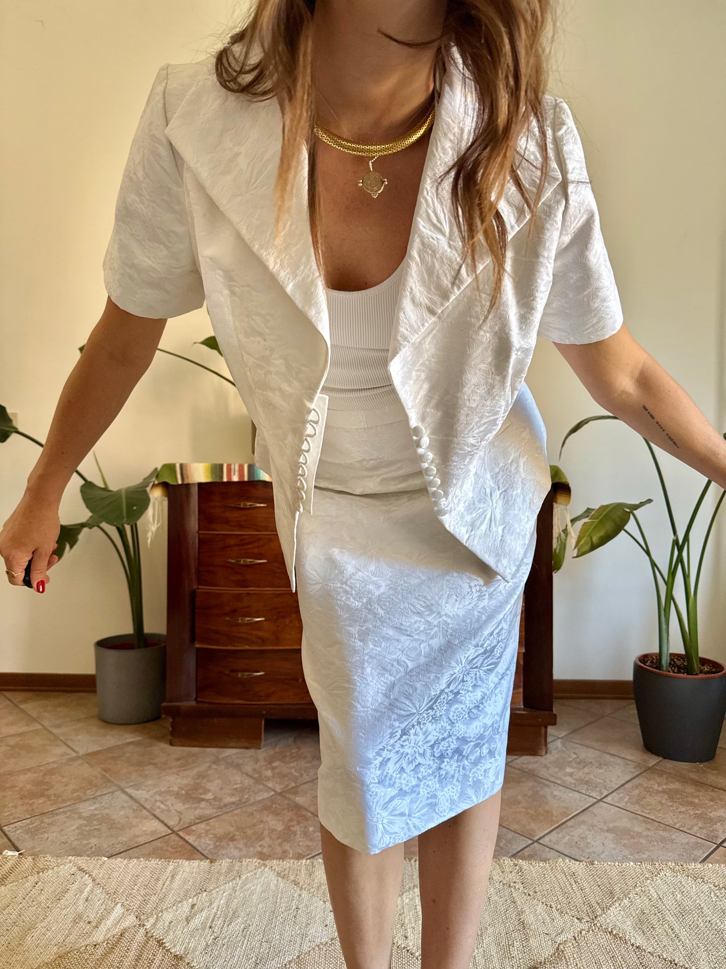 1960's vintage white floral brocade skirt and top set