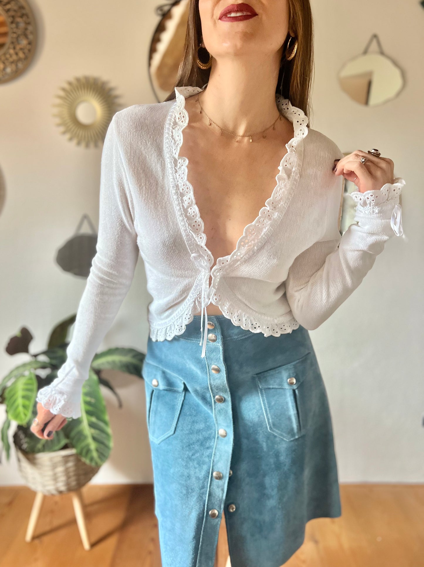 1970's vintage white knit cardigan with ruffle eyelet trimming