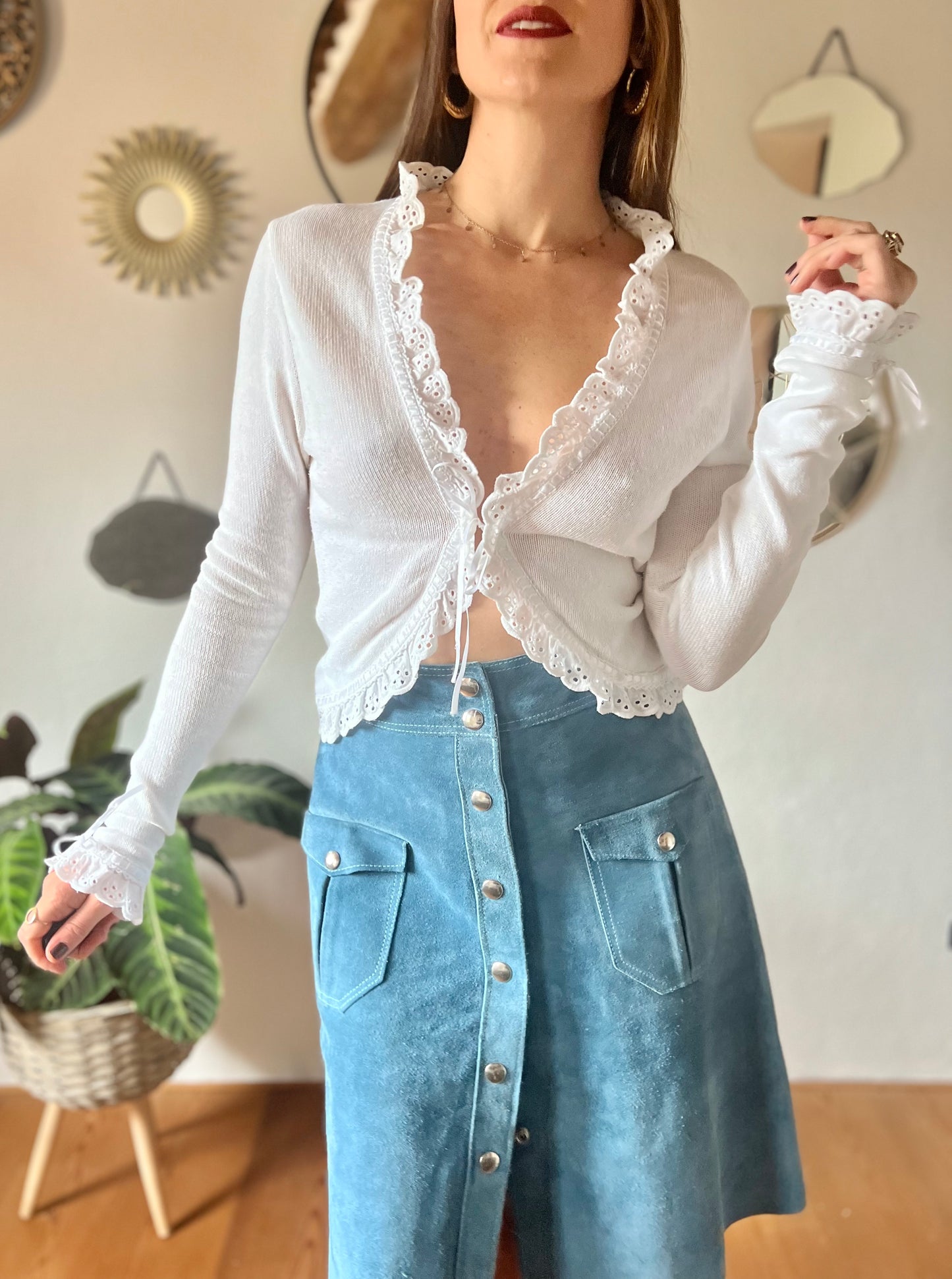 1970's vintage white knit cardigan with ruffle eyelet trimming