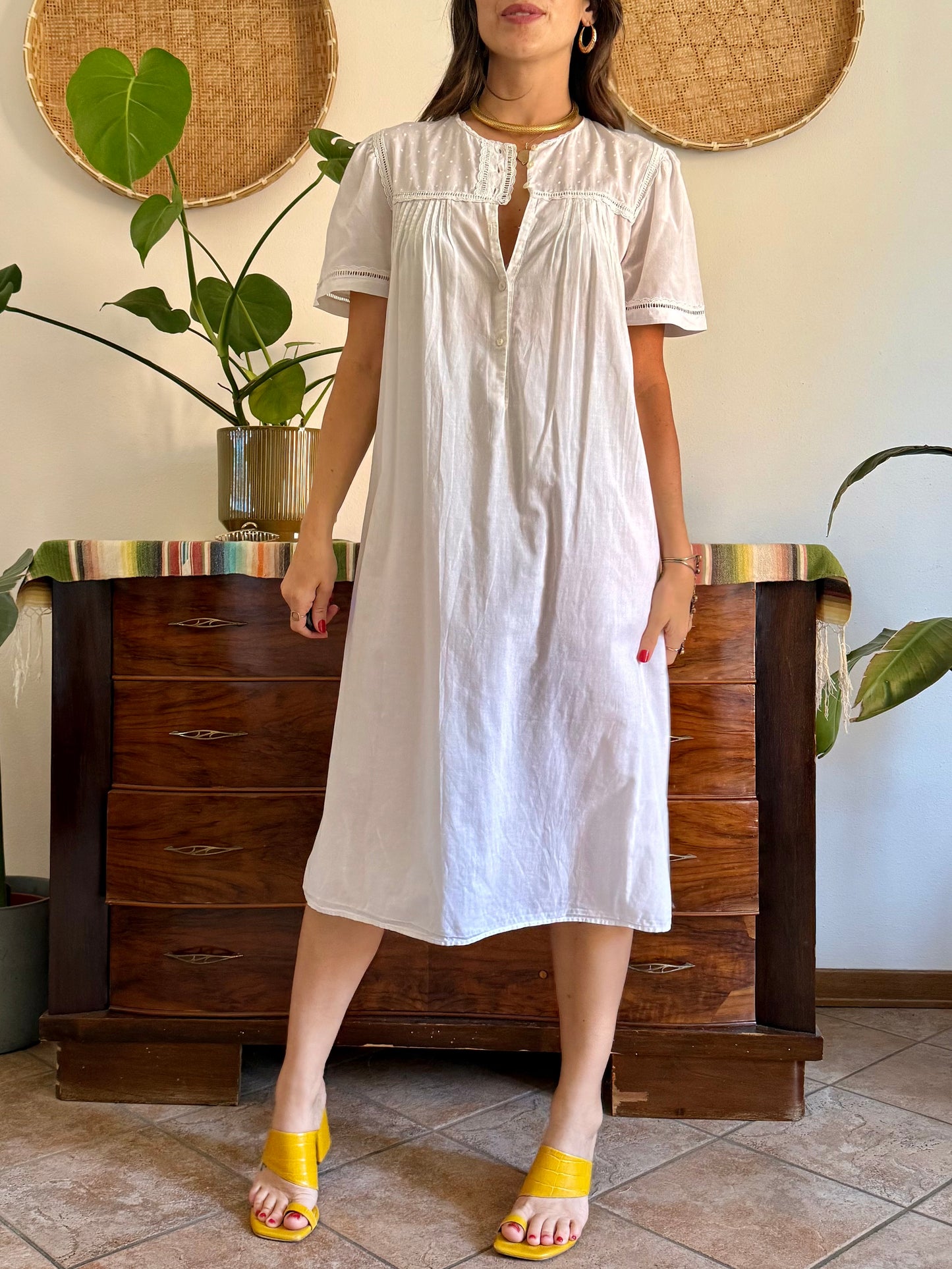 1960's vintage white cotton midi slip dress with polkadot embroidered bodice with crochet detailing