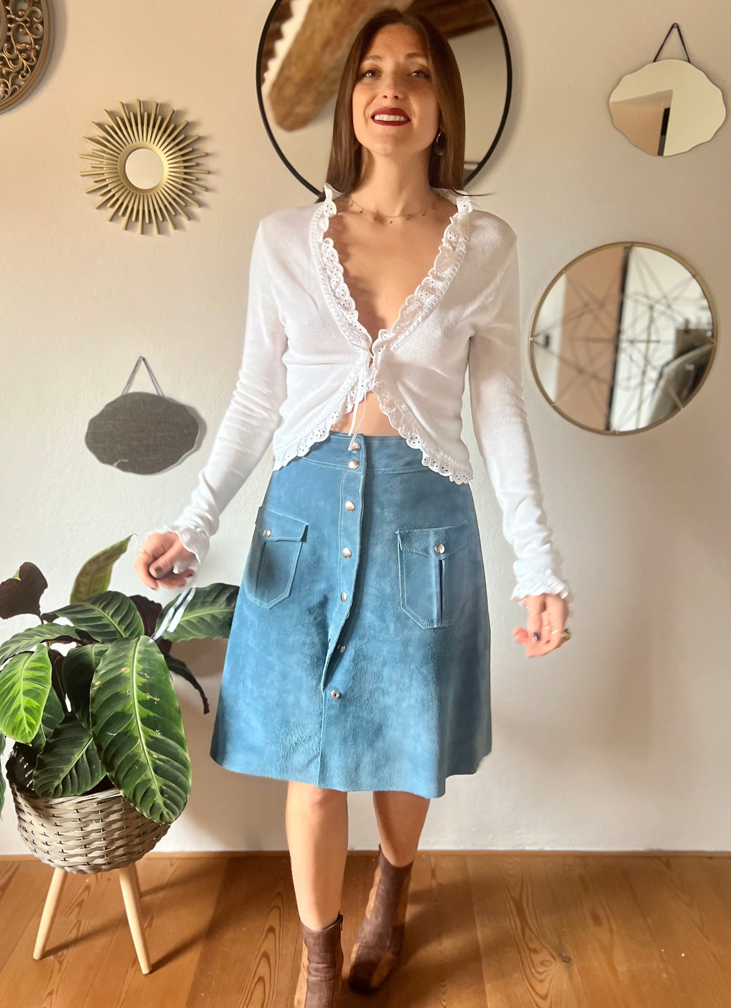 1970's vintage blue suede midi skirt