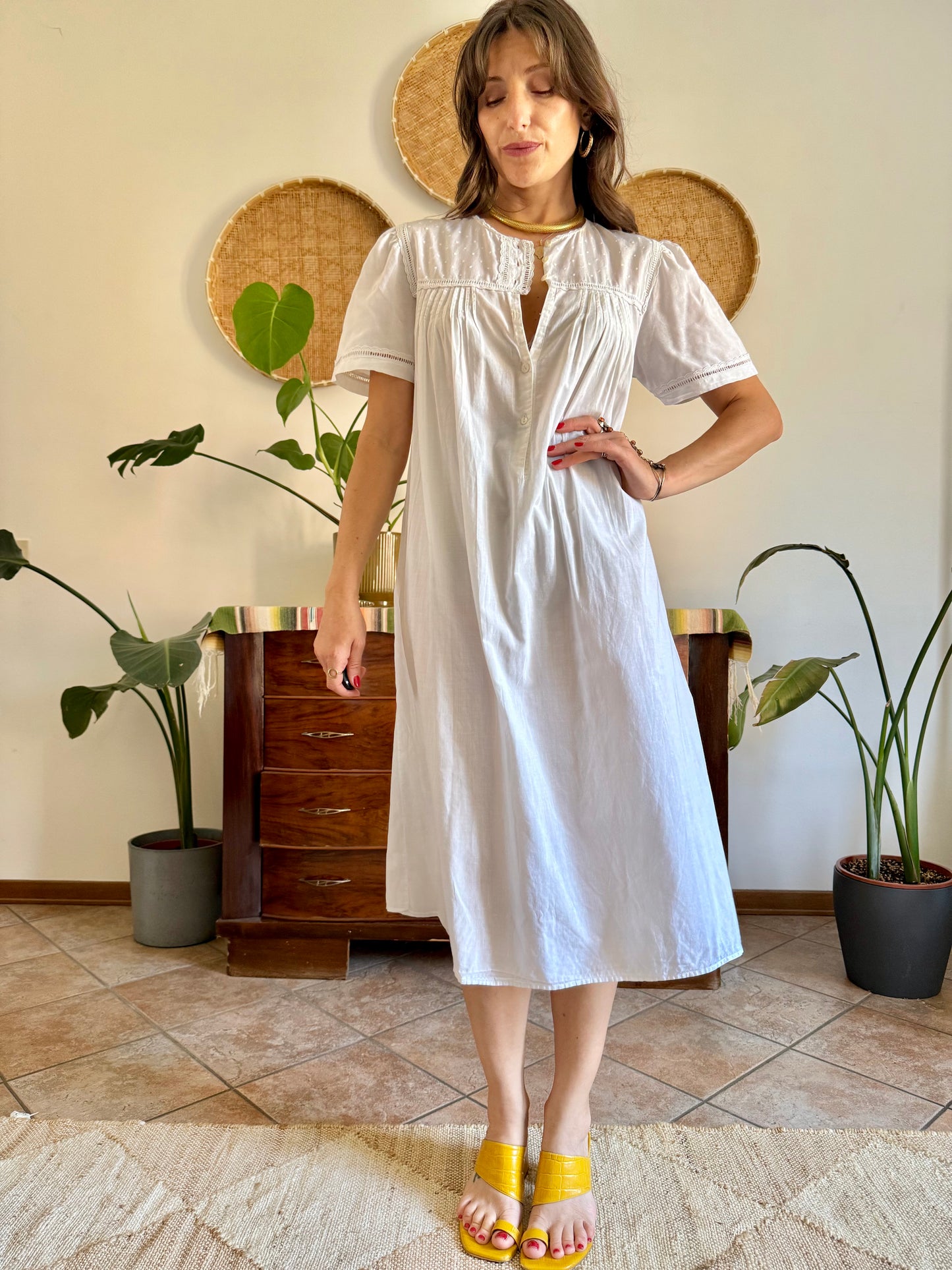 1960's vintage white cotton midi slip dress with polkadot embroidered bodice with crochet detailing