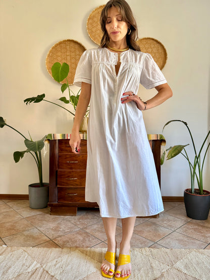 1960's vintage white cotton midi slip dress with polkadot embroidered bodice with crochet detailing