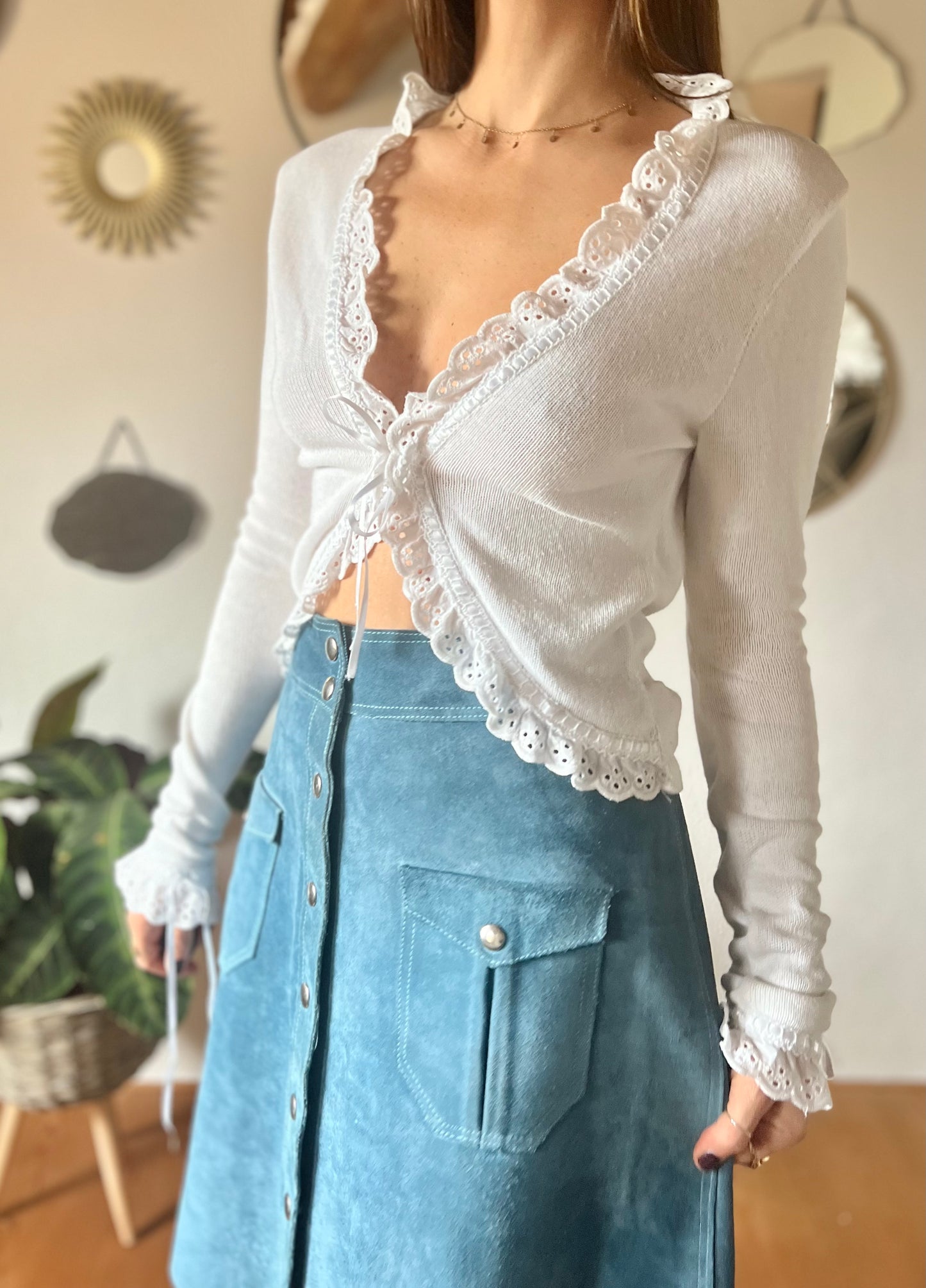 1970's vintage white knit cardigan with ruffle eyelet trimming