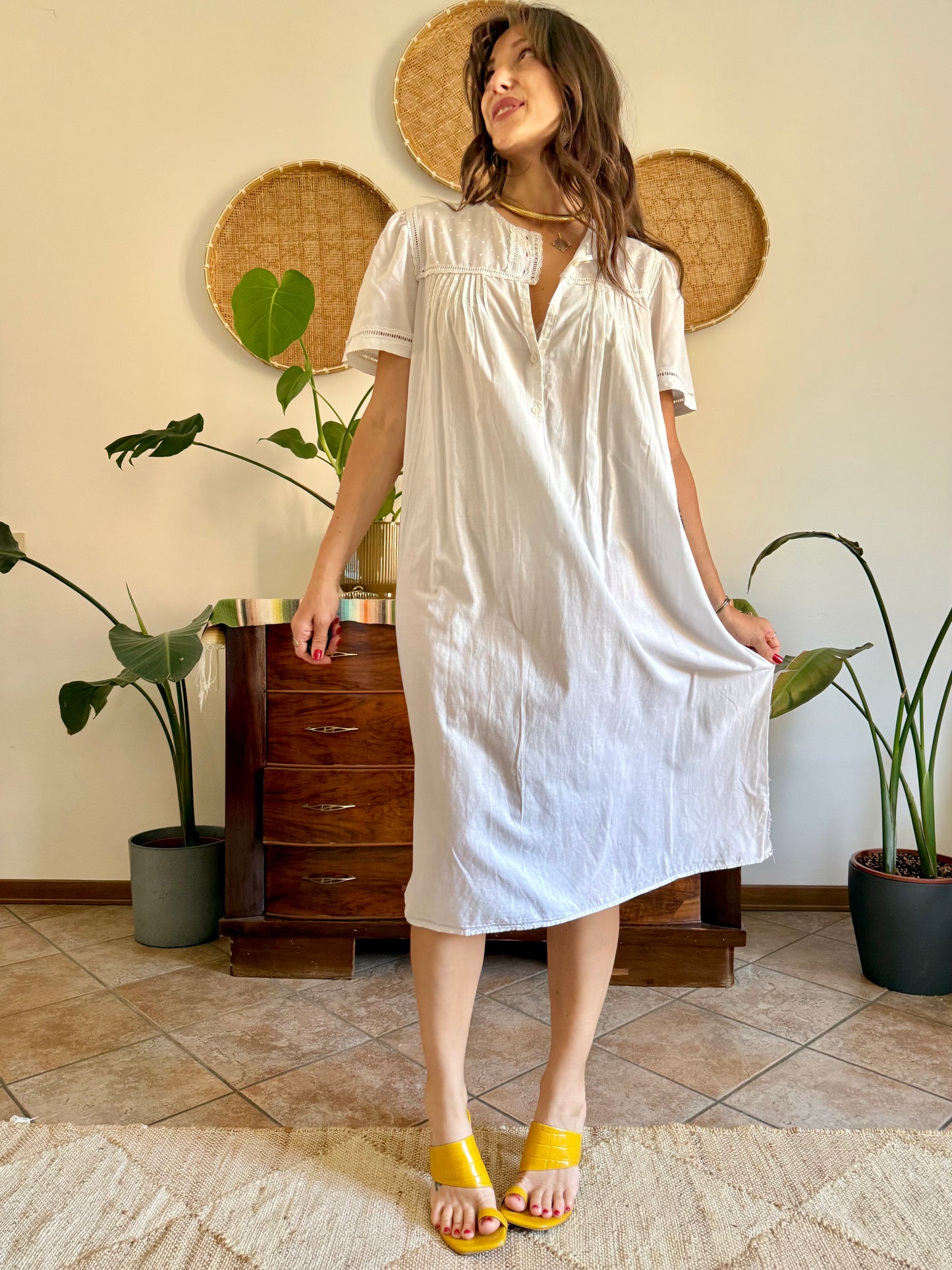 1960's vintage white cotton midi slip dress with polkadot embroidered bodice with crochet detailing