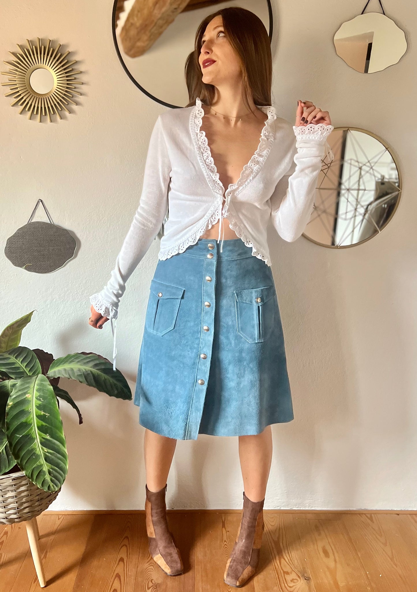 1970's vintage blue suede midi skirt