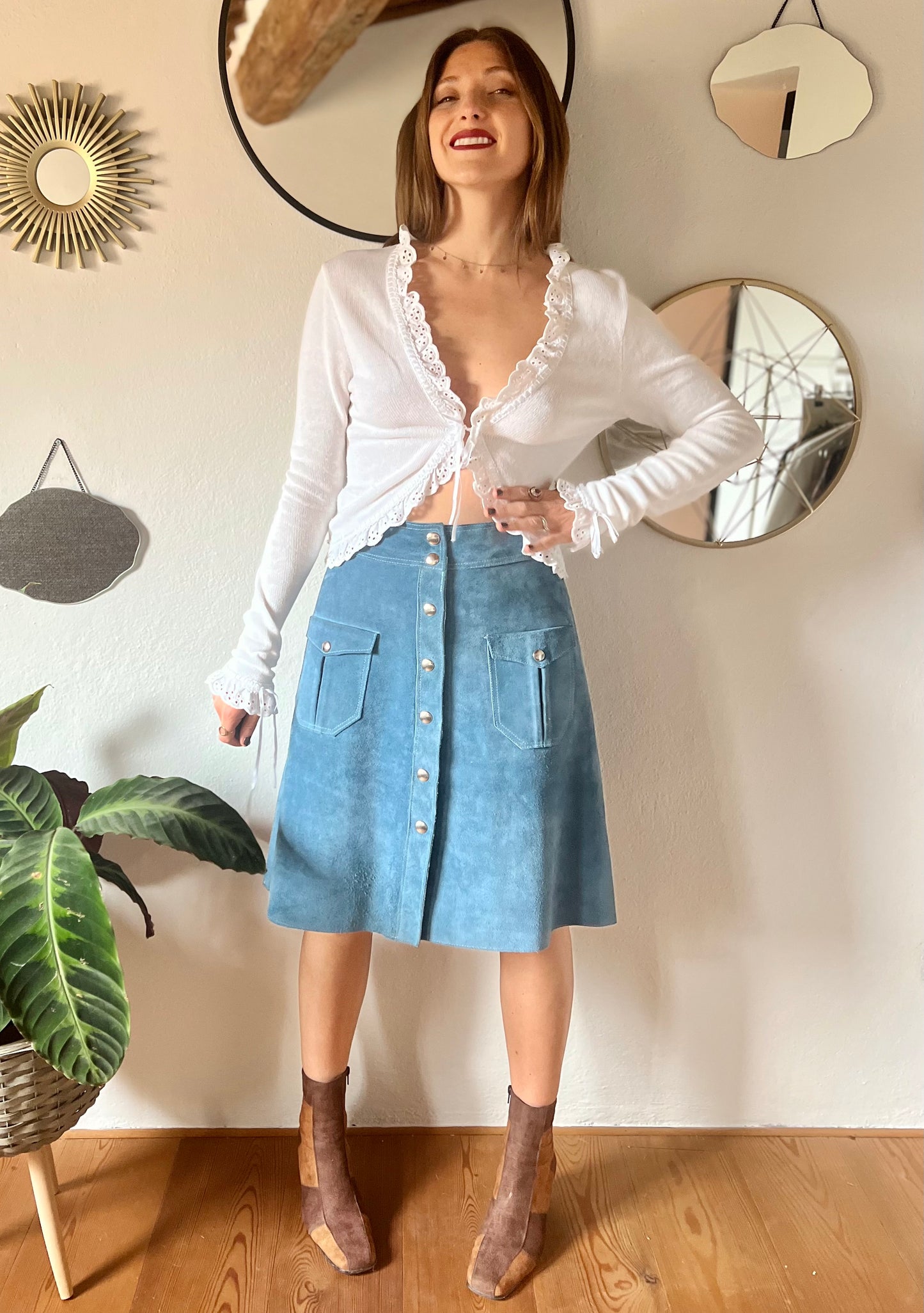 1970's vintage blue suede midi skirt