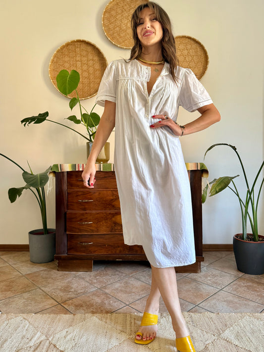1960's vintage white cotton midi slip dress with polkadot embroidered bodice with crochet detailing
