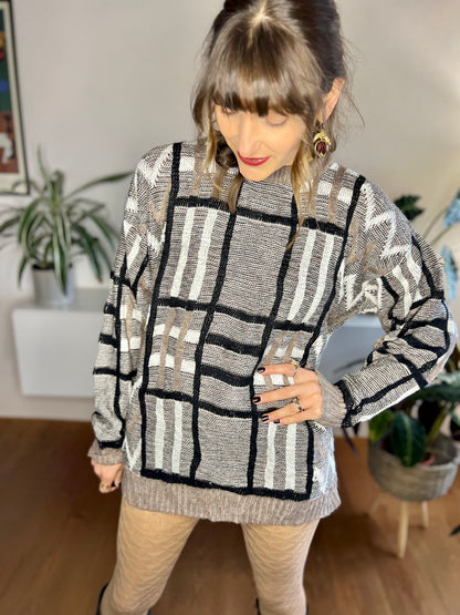 1990's vintage tan, black and cream knit plaid pullover