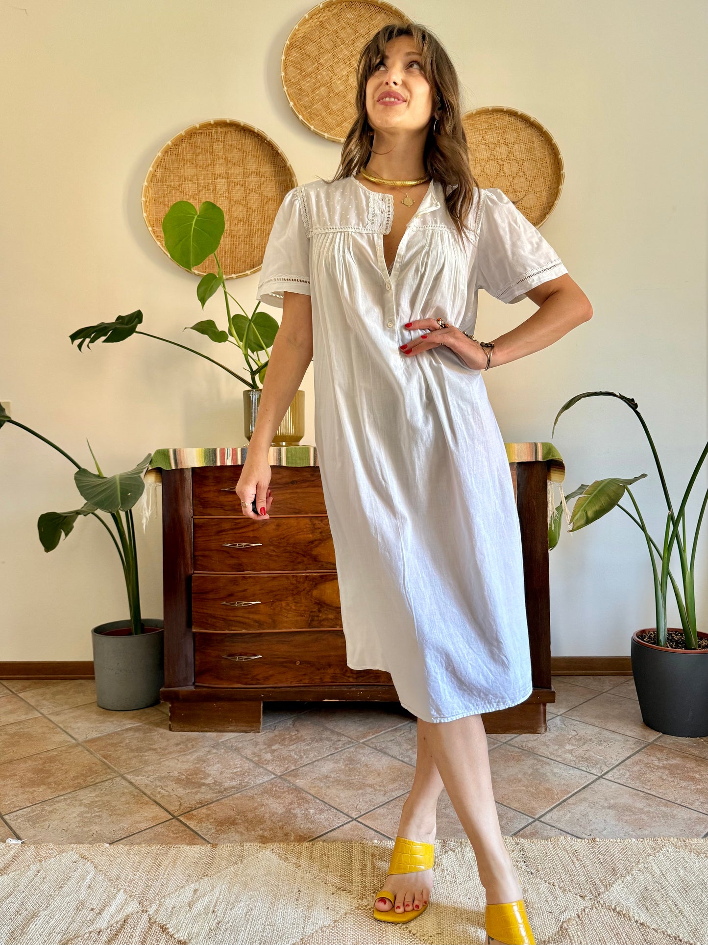 1960's vintage white cotton midi slip dress with polkadot embroidered bodice with crochet detailing