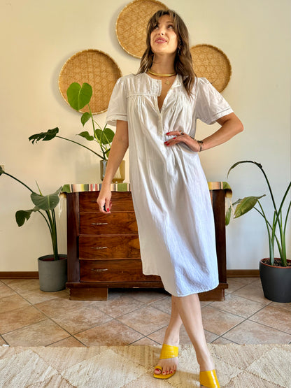1960's vintage white cotton midi slip dress with polkadot embroidered bodice with crochet detailing
