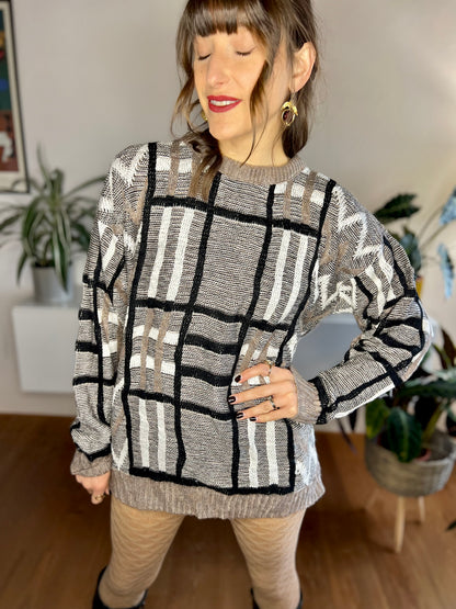 1990's vintage tan, black and cream knit plaid pullover